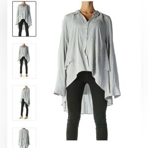 Free People Gray and White Hi- Low Asymmetrical Striped Boho Button Down…